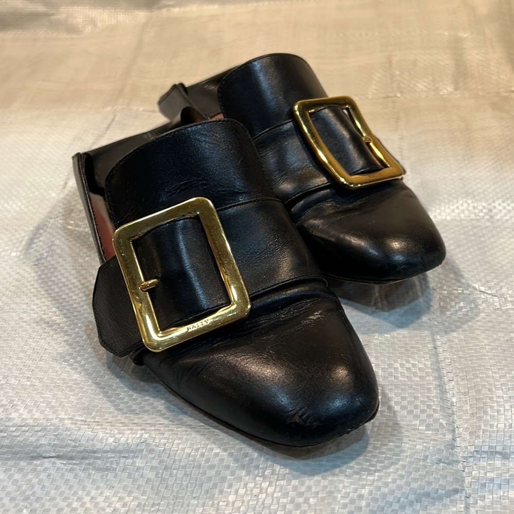 Bally black buckle mule/flats/loafers